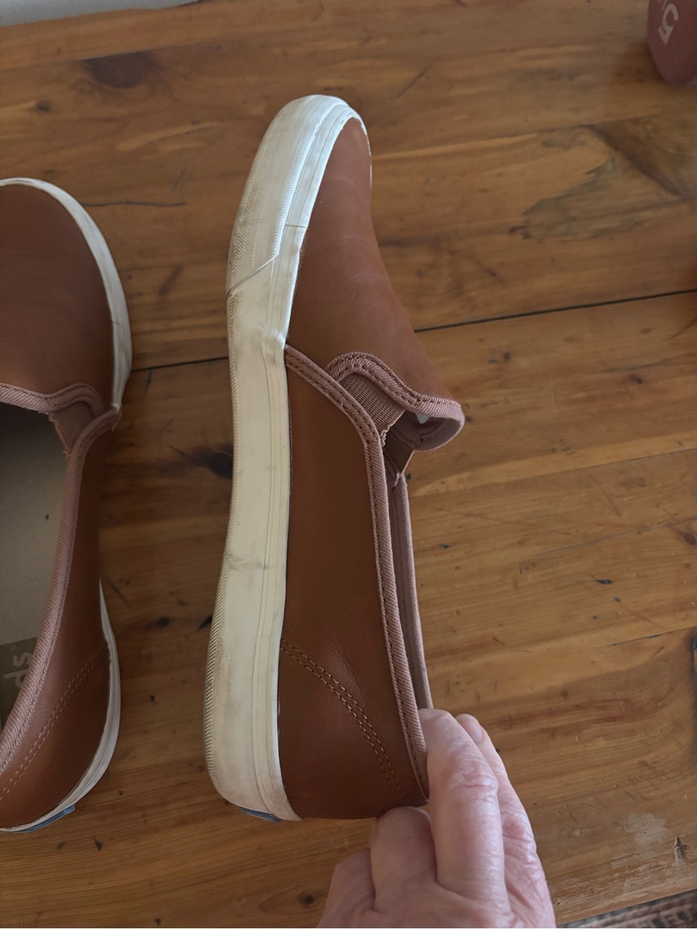 Keds Leather Slip-On Sneakers in Cognac/Tan with White Soles - Picture 3 of 5